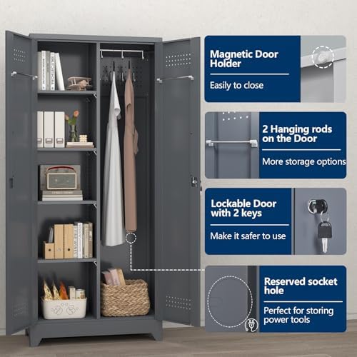 72.8" H Metal Garage Storage Cabinets, Metal Storage Cabinet with Hanging Rod & S-Hooks, Broom Closet Storage with Shelves, Functional Storage Cabinets for Garage, Warehouse, Grey - Image 4