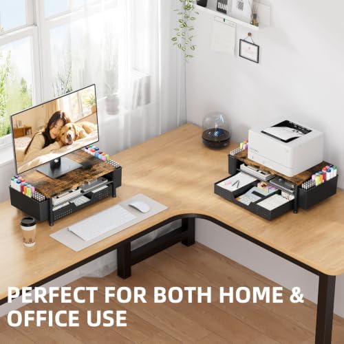 Monitor Stand Riser with Plastic Drawer and Two Pen Holders, Dark Wood Top - Image 7