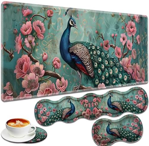 Large Gaming Mouse Pad + Keyboard Wrist Rest + Wrist Support + Coaster Set, Memory Foam Ergonomic for Easy Typing, XXL Extended Gaming Mouse Pad Table Pad - Peacock by VSHSEEOM