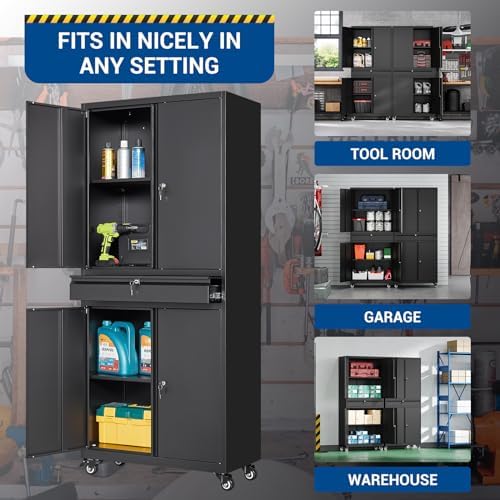 Fesbos 73" Metal Cabinet-Black Heavy Duty Rolling Storage Cabinet Steel Tool Cabinets with Wheels, Shelves, Lockable Doors and Drawers- for Garage, Pantry, Warehouse Home Office- Assembly Required - Image 5
