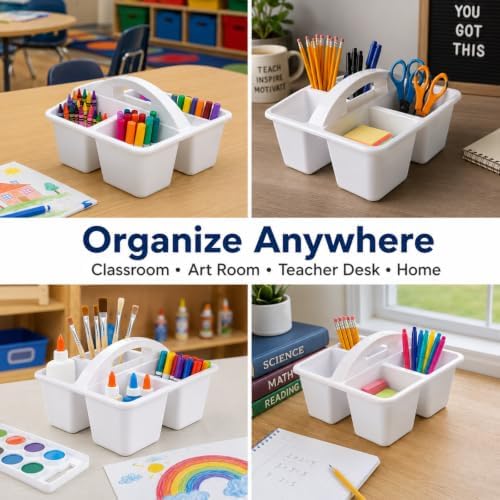 6 Pcs Plastic Classroom Caddy with Handle 4 Compartment White Classroom Caddies Organizer Classroom Caddy Portable for Teachers, Art Craft Crayon Marker Holder Baskets (White) - Image 7