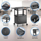 POCHAR Steel AV Cart with Locking Cabinet & Drop Leaves - Adjustable Height Media Carts with Wheels, Pullout Tray, Power Strip - Mobile Workstation Computer Cart for Office Classroom Shop Warehouse - Image 5