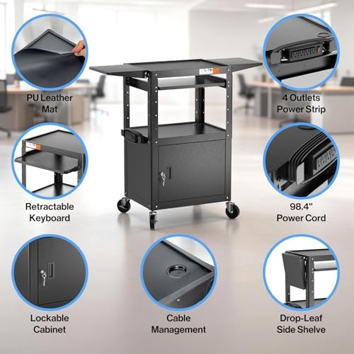 POCHAR Steel AV Cart with Locking Cabinet & Drop Leaves - Adjustable Height Media Carts with Wheels, Pullout Tray, Power Strip - Mobile Workstation Computer Cart for Office Classroom Shop Warehouse - Image 5