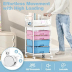 5 Drawer Rolling Storage Cart with Pegboard Top and Hooks, Pink&Blue - Image 5