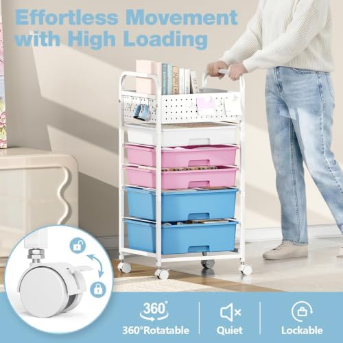 5 Drawer Rolling Storage Cart with Pegboard Top and Hooks, Pink&Blue - Image 5