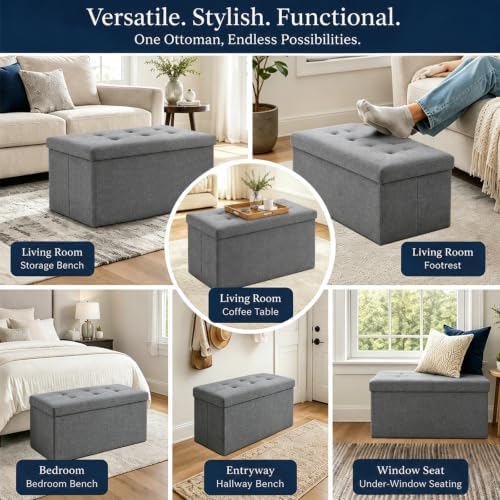 ALASDO 30 Inch Folding Storage Ottoman Bench with Hidden Storage, PU Leather Ottoman Foot Rest Stool, End of Bed Bench for Bedroom, Living Room, Entryway and Closet, Grey - Image 6