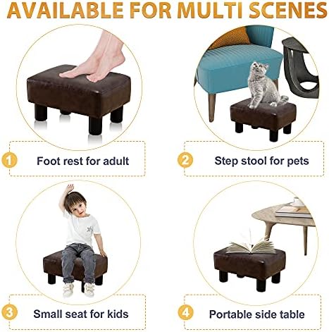 LUE BONA Small Rectangle Foot Stool, PU Leather Fabric Footrest Ottoman with Non-Skid Plastic Legs, Modern Rectangle Footrest Small Step Stool Ottoman for Couch, Desk, Office, Living Room, Brown - Image 4