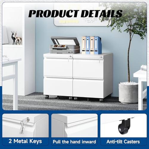Fesbos 2 Drawers Vertical File Cabinet - Fully Assembled White Under Desk Mobile Filling Cabinet Small Lockable Home Office File Cabinets for A4/Letter/Legal Size - Image 6