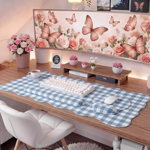 Sabary Gingham Desk Mat Scalloped Dust Blue, 31.5 x 15.7 Inch - Image 4
