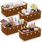 Vesici 4 Pcs Rustic Brown Macrame Storage Basket for Shelves 13 in 11 in Boho Basket Hand Woven Boxes with Wood Handles Beads Decorative Countertop Toilet Tank Cabinet Organizer for Home Room Decor by Vesici