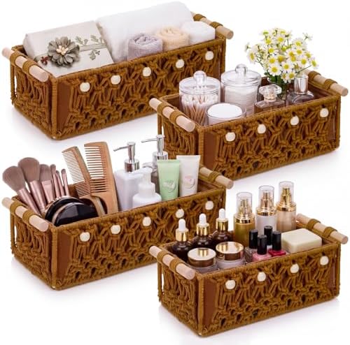 Vesici 4 Pcs Rustic Brown Macrame Storage Basket for Shelves 13 in 11 in Boho Basket Hand Woven Boxes with Wood Handles Beads Decorative Countertop Toilet Tank Cabinet Organizer for Home Room Decor by Vesici