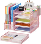 Marbrasse Desk Organizer with File Holder, 5-Tier Paper Letter Tray Organizer with Drawer and 2 Pen Holder, Mesh Desktop Organizer and Storage with Magazine Holder for Office Supplies(Pink) - Image 2