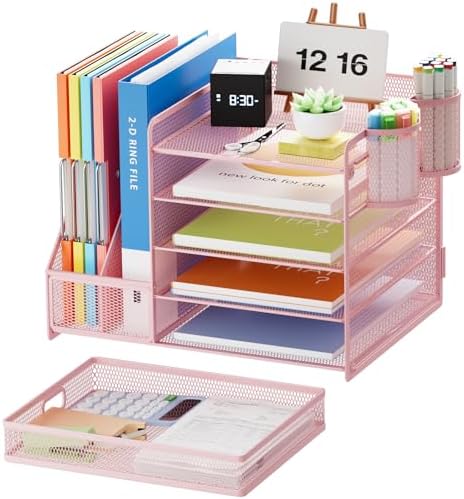 Marbrasse Desk Organizer with File Holder, 5-Tier Paper Letter Tray Organizer with Drawer and 2 Pen Holder, Mesh Desktop Organizer and Storage with Magazine Holder for Office Supplies(Pink) - Image 2