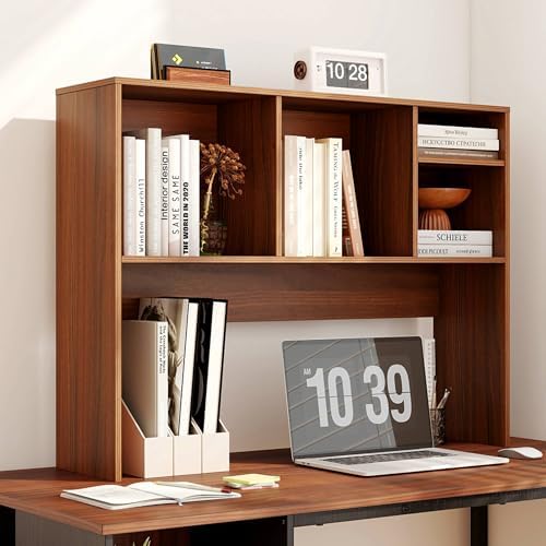 Tangkula Desktop Bookshelf, Countertop Storage Hutch with 4 Shelves for Computer Desk, Desktop 2-Tier Display Rack, Multipurpose Wood Desk Hutch Storage Organizer for Dorm Office Home (Walnut) - Image 4