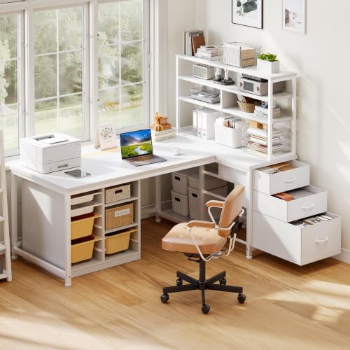 DurayLoly 55''White Desk with 3 Drawers & Shelf, LED, Outlet for Bedroom - Image 6