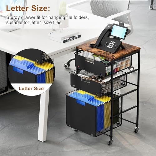 EasyPAG Rolling Storage Cart with 3 Drawers, Under Desk File Cabinet on Lockable Wheels, Movable Letter Size Hanging File Folder Organizer with Wooden Printer Stand for Home Office, Black - Image 4
