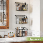 Wall Mounted Bin Basket with 5 Hooks 3 Label Plate Adhesive-3 Pack, Cabinet Hanging Metal Wire Basket,Rustic Farmhouse Decor, Storage Organization Shelf for Pantry Kitchen Bathroom 10.6*7.5*5.1inch - Image 5