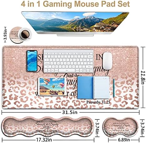 Large Mouse Pad, Office Desk Pad,Laptop Desk Table Protector Writing Mat, Ergonomic Extended Pink Leopard Mouse Pad, Keyboard Wrist Rest Support Set,Proverbs 31:25 Verse Desk Mat Gaming Mouse Pad - Image 3