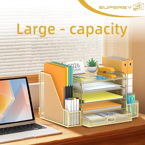 SUPEASY Mesh Desk Organizer with File Holder, 5-Tier Paper Letter Tray Organizer with Magazine Holder, Desktop Organizer and Storage with Drawer for Office Supplies Home or School (Golden) - Image 2
