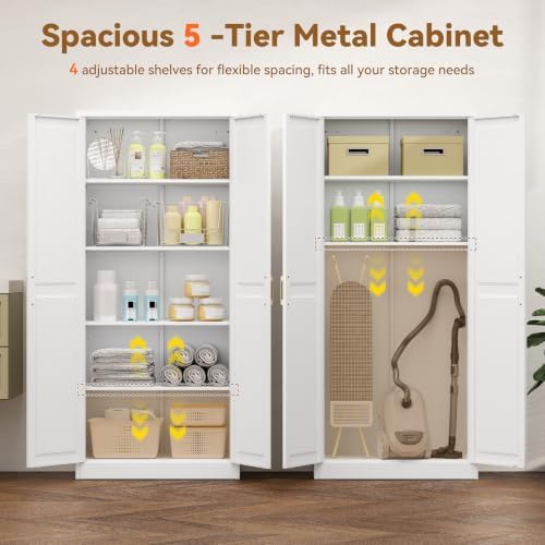 Polup 71" White Metal Kitchen Pantry Storage Cabinet with Doors and Shelves - Image 5