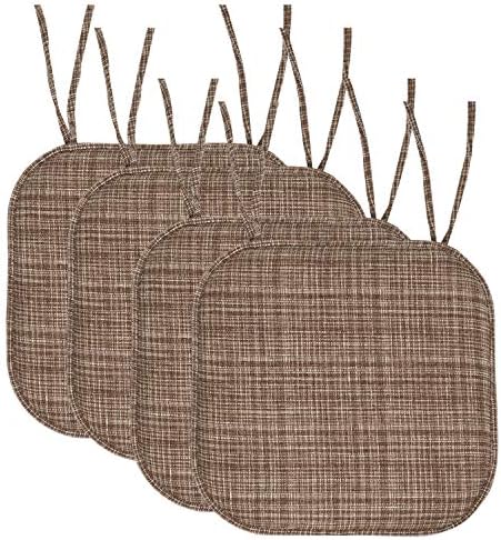 Sweet Home Collection Chair Cushion Memory Foam Pads with Ties Honeycomb Pattern Slip Non Skid Rubber Back Rounded Square 16" x 16" Seat Cover, 4 Pack, Aria Dark Brown by SweetHomeCollection