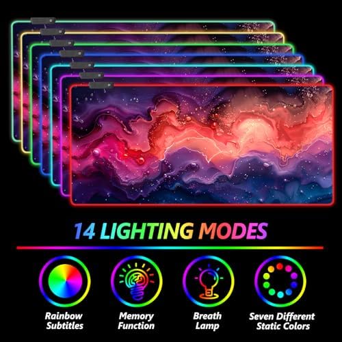 AIMSA Extra Large RGB Gaming Mouse Pad with 14 Light Modes, Extended LED Mouse Pad, Anti-Slip Rubber Base, Computer Keyboard Mousepad Mat, Abstract Purple Marble - Image 5