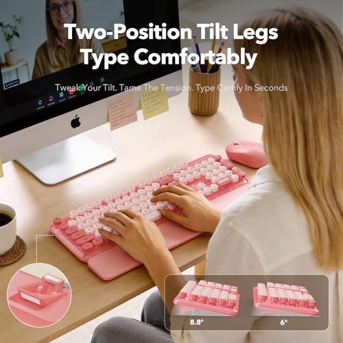 Wireless Keyboard and Mouse Combo, Pink, Round Keycaps, Magnetic Wrist Rest - Image 4