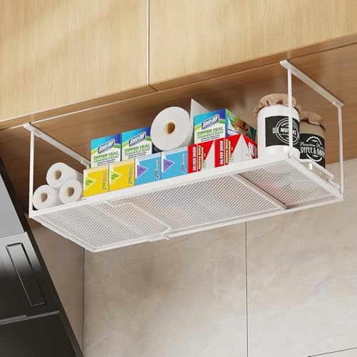 2 Pack Expandable Under Cabinet Shelf, Under Shelf Storage with 0.94 Inches Thick Clips for Kitchen Cupboard, Metal Hanging Under Desk Basket for Laundry Room, Shoe Rack - Image 2