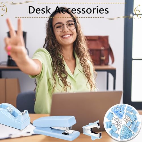 Office Supplies,Blue Desk Accessories,Stapler and Tape Dispenser Set with Stapler,Tape Dispenser,Staple Remover,Staples,Clips,Scissors and Tabs,Gift for Student,Teacher,Coworkers,Business,Gift 9pcs - Image 4