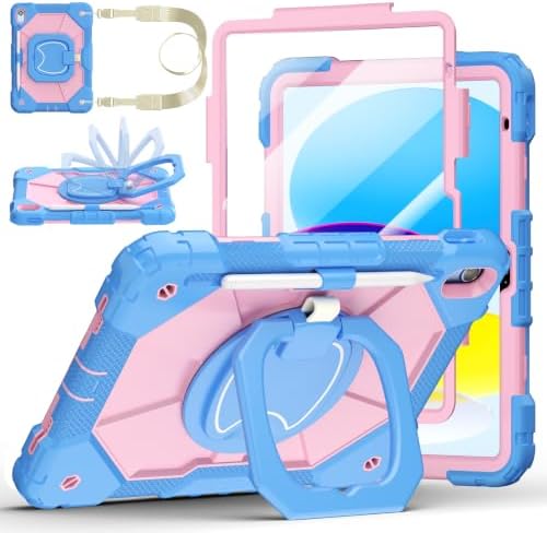 Case for iPad (A16) 11th/10th Generation 11/10.9 Inch 2025/2022, Ubearkk for iPad a16 case with Screen Protector, 360 Degree Rotating Stand Shoulder Strap Pencil Holder,Blue Pink by Ubearkk