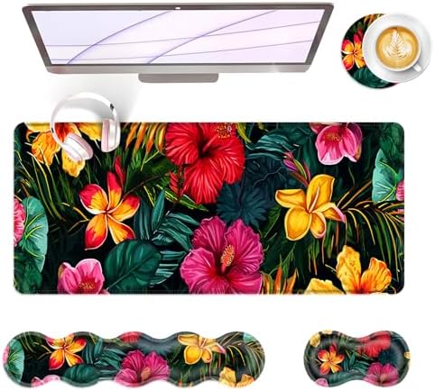 Large Keyboard Mouse Pad Set, Extended Mouse Pad+Keyboard Wrist Rest Support, Memory Foam Ergonomic Easy Typing, 4Pcs (31.5×11.8 in) Desk Pad Set for Office Home,Vibrant Tropical Flower by Unknown