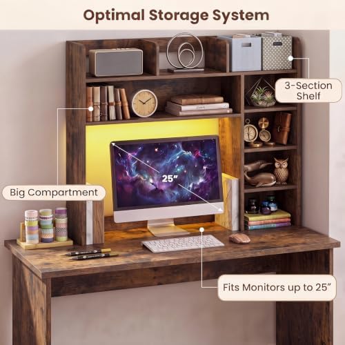 LDAILY Desktop Bookshelf with LED Lights, 35.5’’ Wooden Desk Shelf with 8 Cubes & 3 Adjustable Storage Shelves, 5-Tier Desk Hutch for Dorm College Office Computer Monitor Up to 25’’(Rustic Brown) - Image 5