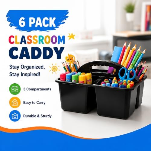 Haundry 6 Pack Black Classroom Caddy, 3-Compartment Plastic Supply Bins - Image 3