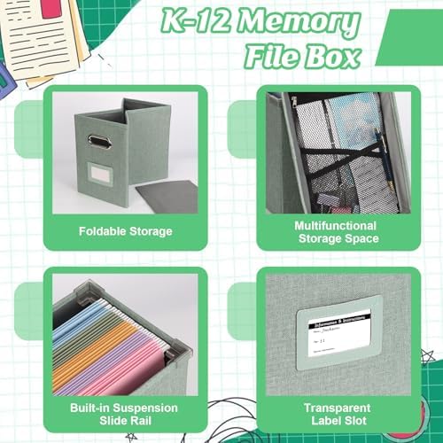 DOSTATNI School Years Organizer Kit K-12 School Years Memory Keeper with 15 Hanging File Folders Plastic 4 different Labels Memory Keepsake Box for kids Storage Pictures File Keeper (Green) - Image 3