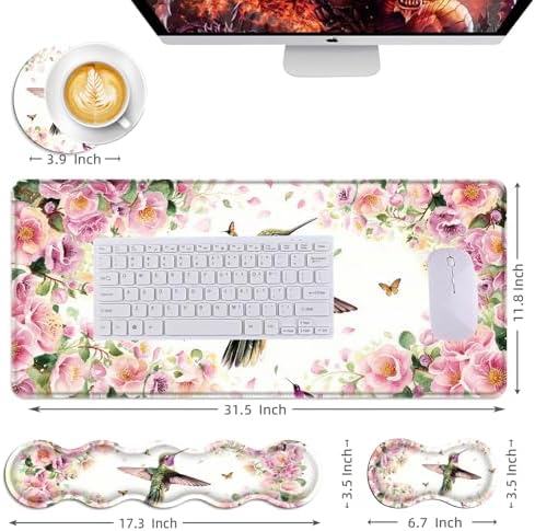 Mouse Pad,Large Desk Mat Set, 4in1 XL Mousepad + Keyboard Wrist Rest+Mouse Wrist Rest+Coaster with Ergonomic Desk Pad for Home Office Table Computer Cover -Flower Hummingbird - Image 6