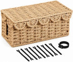 Woven Cable Management Box with Scalloped Lid, 13 Inch Cord Box by Chunful