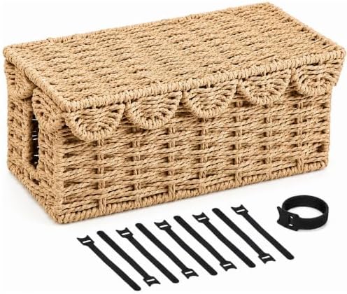 Woven Cable Management Box with Scalloped Lid, 13 Inch Cord Box by Chunful