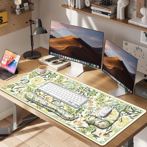 4 in 1 Large Mouse Pad, Keyboard Wrist Rest Set, Ergonomic Mouse Pad with Wrist Support, Desk Mat with Stitched Edges Extended Desk Pad Waterproof Desk Mat for Home Office Game I Green Flower Plants - Image 7