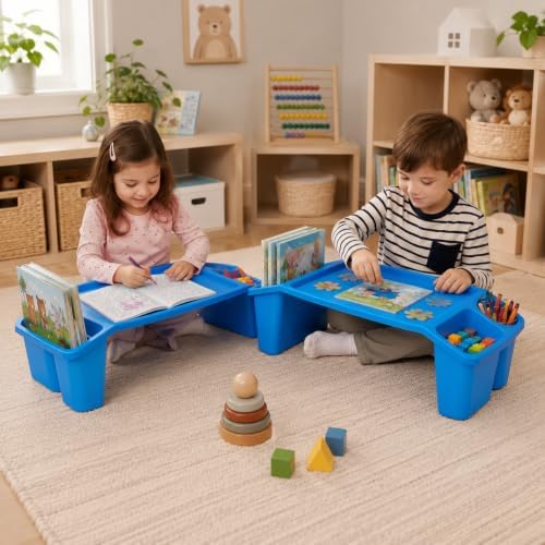 Basicwise 2-Pack Blue Activity Desk Tables with Cup Holders & Storage - Image 5