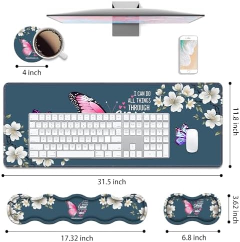Ergonomic Keyboard Wrist Rest & Mouse Pad Wrist Rest Set, Large XXL Gaming Desk Mat 31.5"x 11.8" with Non-Slip Base for Home Office Study Gaming, Floral Butterfly Quote Bible Verse Philippians 4:13 - Image 2