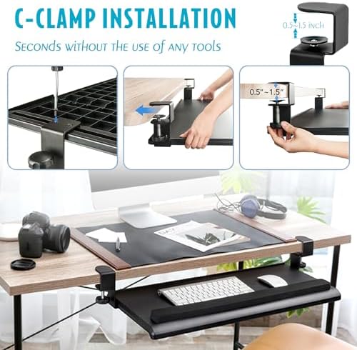 EHO Large Ergonomic C-Clamp Keyboard Tray Mount Under Desk with Wrist Rest, Slide-Out Platform 27.5" (31.8" Including Clamps) x 12.5", Pull Out Keyboard & Mouse Tray for Home or Office, Black - Image 6