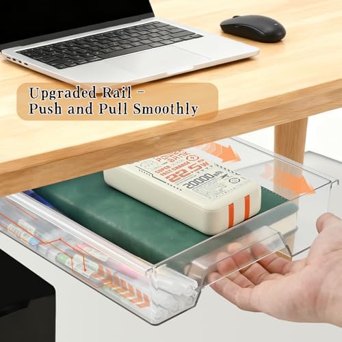 2 Pack 10.91"x 8.23" Under Desk Drawer Storage Organizer, Durable PC Material Self-Adhesive with Slide Out Rail, Hidden Hanging Desk Drawer for Office Supplies, Stationery, No Drilling Install, Clear - Image 3