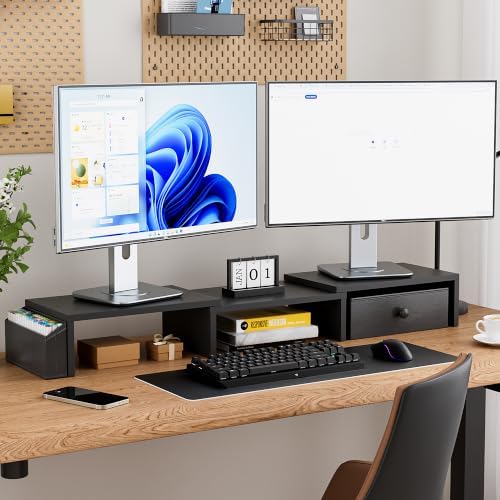 Dual Monitor Stand Riser, Adjustable Length & Swivel Angle Monitor Stand, Ergonomic Monitor Stand with Drawer & Side Pockets, Desktop Organizer and Office Desk Accessories, Black - Image 2