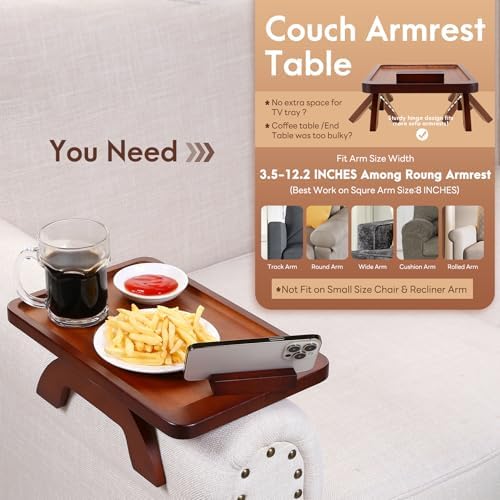 SINWANT Couch Arm Tray with 360° Rotating Phone Holder,Walnut,15.35x9.84-in - Image 3