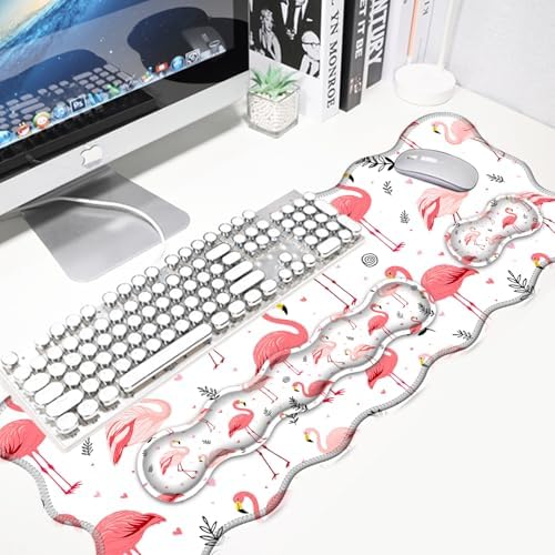 4 in 1 Desk Mat Set,Mouse Pad with Keyboard Wrist Rest,Wave-Shaped Design,Non-Slip Rubber Base,Waterproof,for Home,Office,Gaming,Cute Flamingo - Image 3