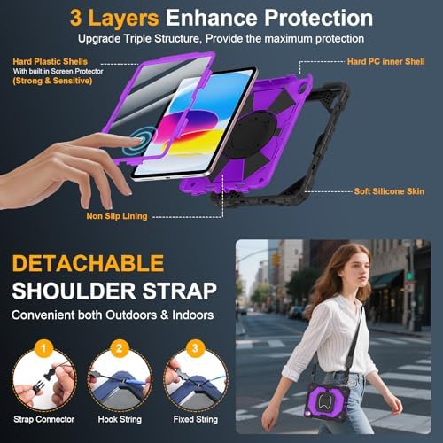 Case for iPad (A16) 11th/10th Generation 11/10.9 Inch 2025/2022, Ubearkk for iPad a16 case with Screen Protector, 360 Degree Rotating Stand Shoulder Strap Pencil Holder,Black Purple - Image 2