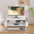 OPNICE Desk Organizers and Accessories, Computer Monitor Stand Riser with Drawer and 2 Pen Holders, Printer & Laptop Stand, Office Desk Accessories & Workspace Organizers for Home Office Supplies, White Wood - Image 4