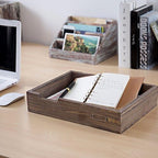 MyGift Set of 2 Vintage Distressed Finish Brown Wood Stackable Office Desktop Document Letter Paper Tray - Image 2