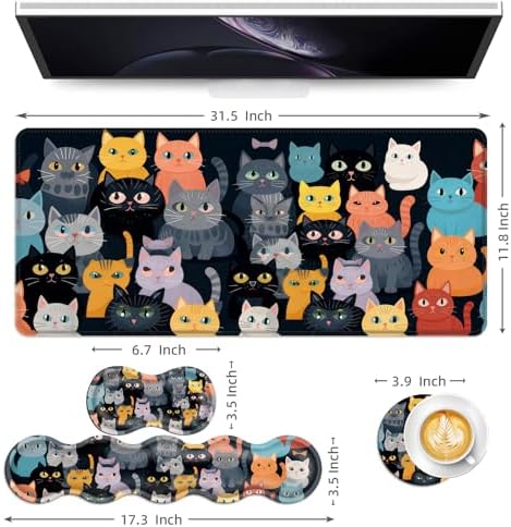 Keyboard Mouse Pad Set, Extended Gaming Mouse Pad+Ergonomics Keyboard Wrist Rest Support, Memory Foam, Easy Typing Pain Relief, 4Pcs XL Ultra Thick Desk Mat,Cute Cartoon Cat - Image 6