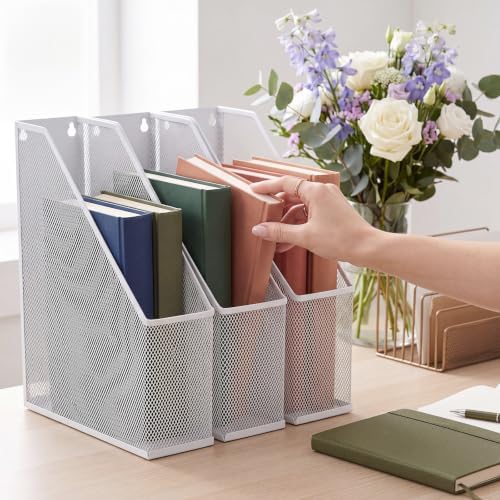 Sliner 4 Pack White Metal Magazine Holder Mesh Steel Document Rack 1 Section File Organizer Extra Wide Magazine Folder Storage Desk Tidy for Office Home, 12.6"x 9.8"x 3" - Image 4